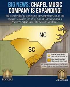 Big News: Chapel Music Company is Expanding. We are thrilled to announce our appointment as the exclusive dealer for all of South Carolina and a massive expansion into North Carolina!